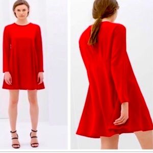 Zara babydoll 🍒 Swing Long Sleeve full skirt a line cherry Red dress
